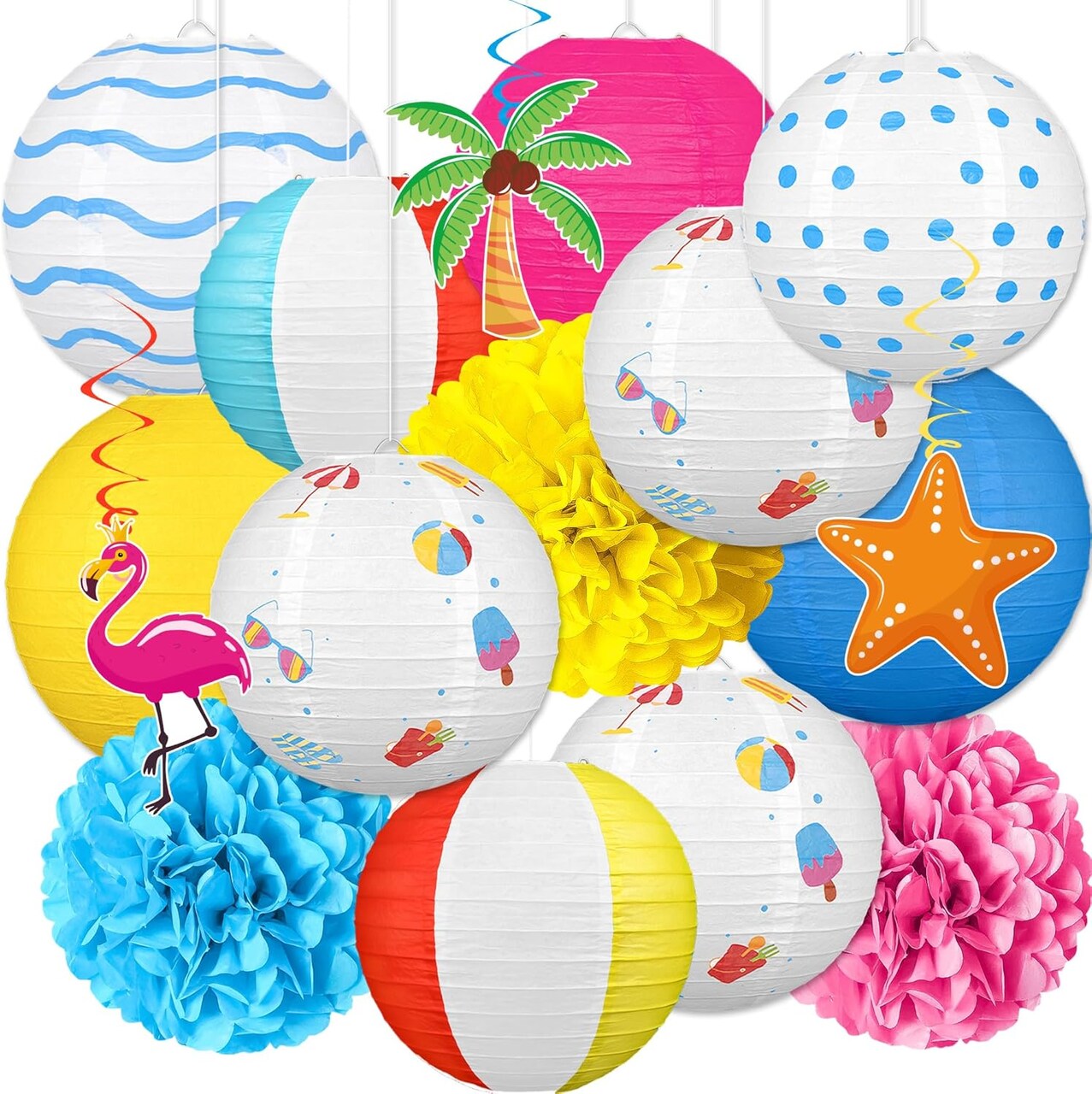 16Pcs Summer Party Decorations Paper Lanterns Pom Poms Hanging Swirls - Beach Pool Luau Hawaiian Tropical Hanging Decor for Home Birthday Outdoor Indoor